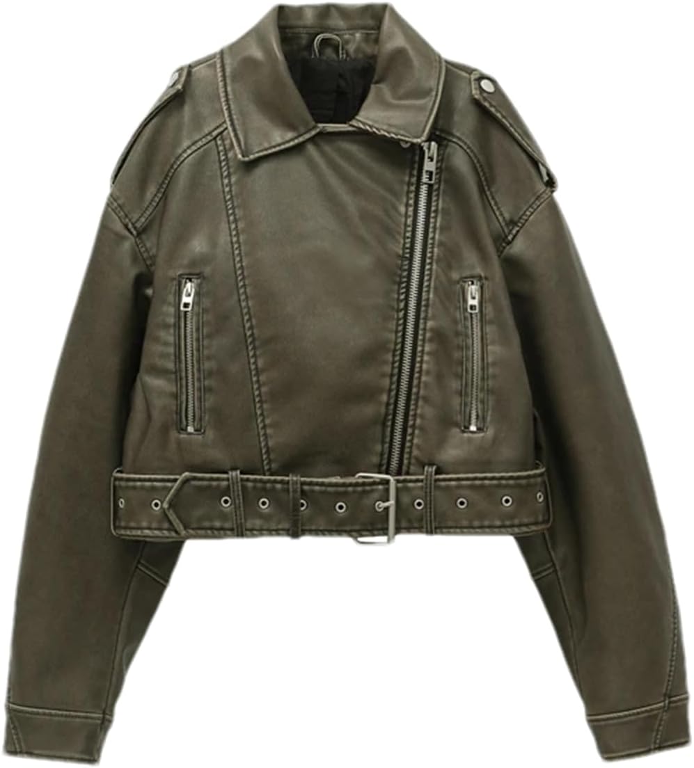 Women Vintage Loose Pu Faux Leather Short Jacket With Belt